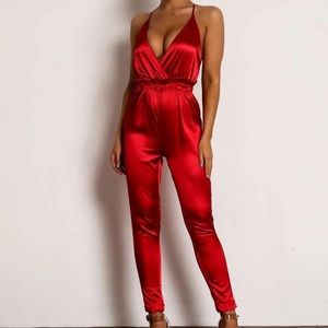 Criss-Cross Backless Satin Slip Jumpsuit